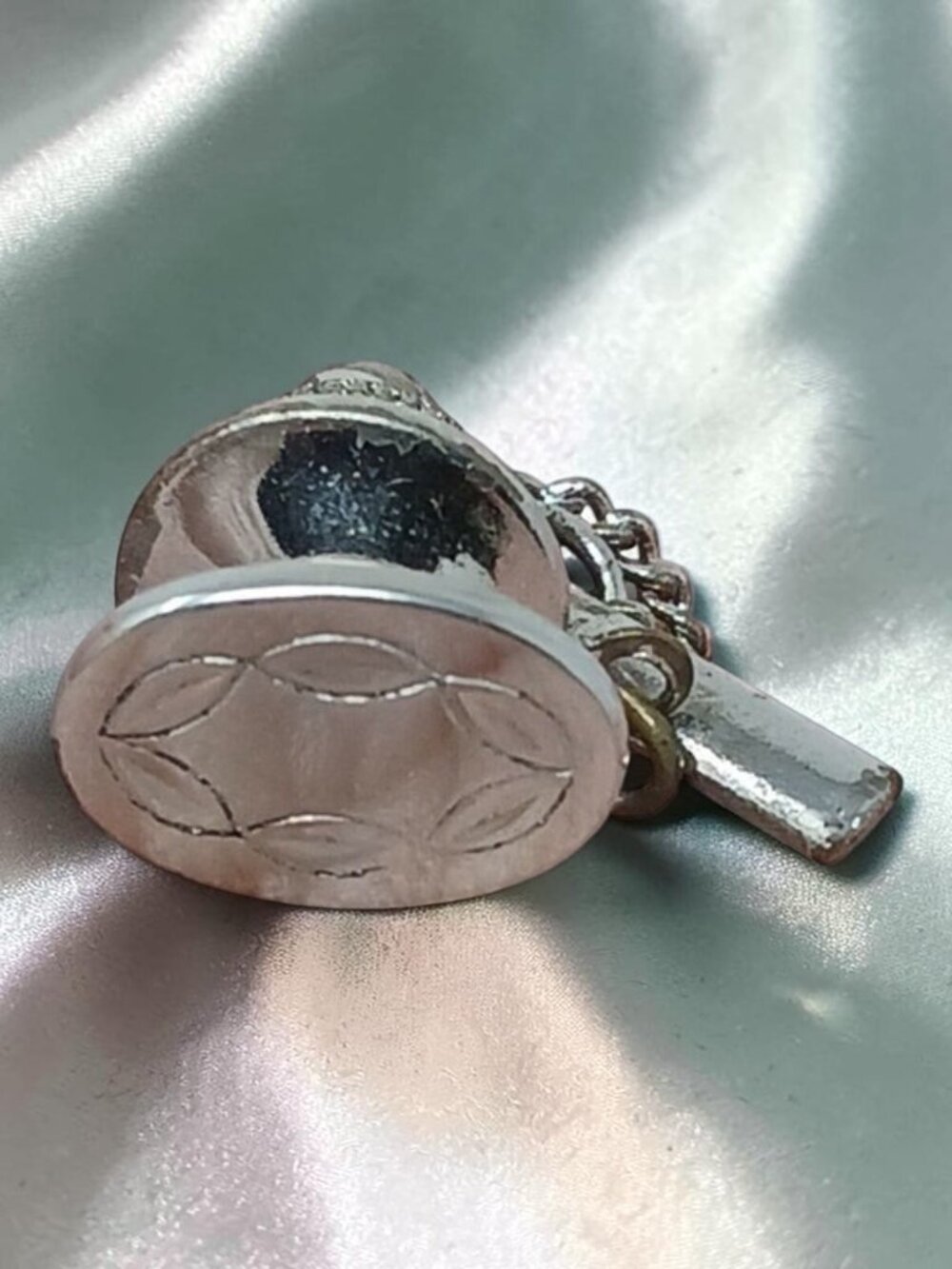 Vintage Sterling Silver Oval TIE TACK / PIN 1/2" x 3/8" Etched Design w/Chain